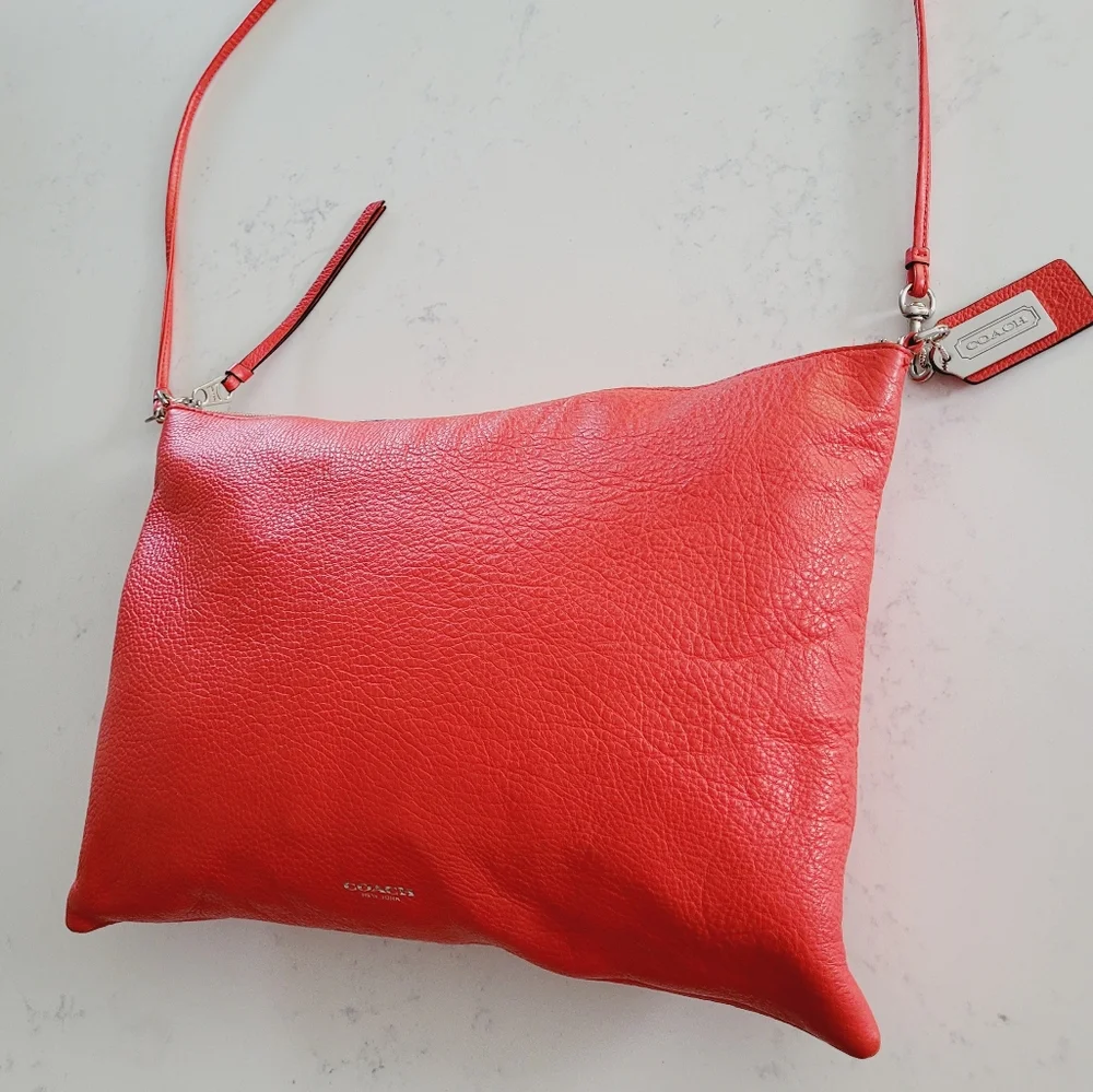 Coach Red Pebbled Leather Crossbody Bag Silver Hardware Foldover Clutch